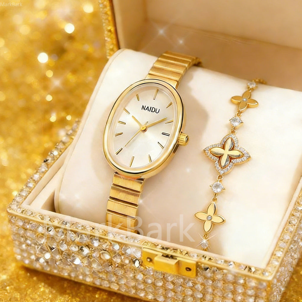 2pcs Jam Tangan Vintage Oval Wanita, Desain Dial Kecil Jam Tangan Mewah Kuarsa & Gelang Halus Berben