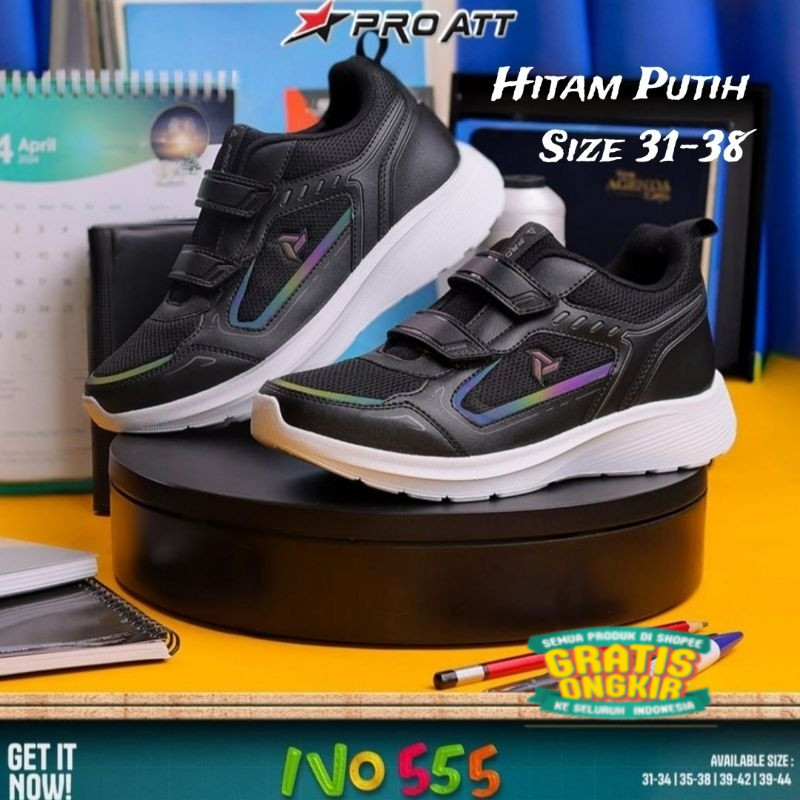 PRO ATT Sepatu Sekolah Anak Cowok Cewek Hitam Putih Perekat Tempel Tanpa Tali/ merah kuning pink ung