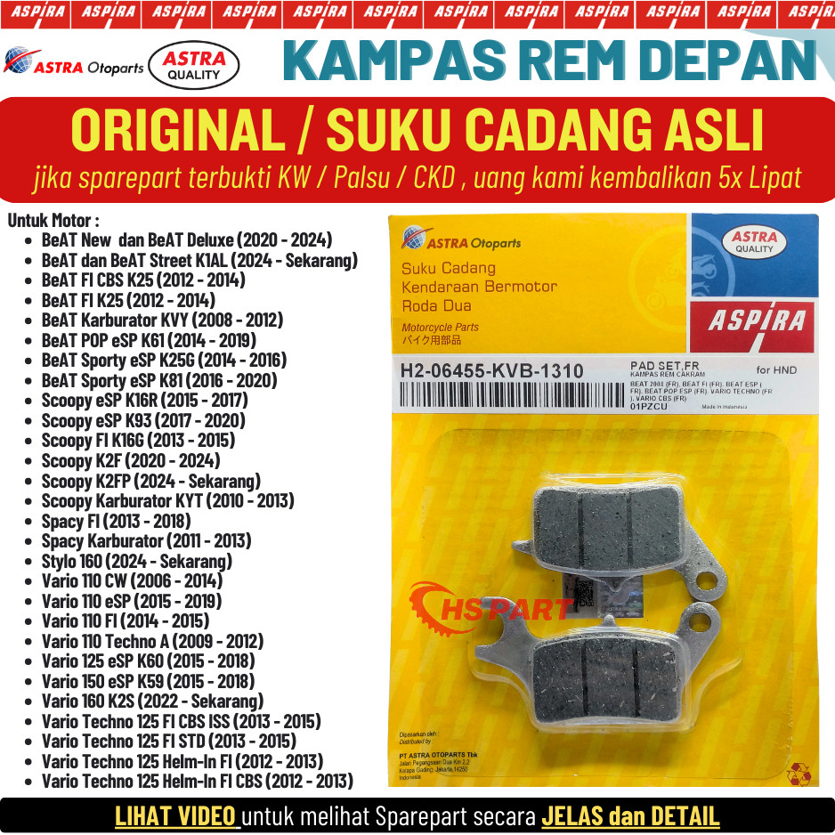 Kampas Rem Cakram Depan Vario 125 Fi Old Lama Techno Original Aspira Astra Otoparts 100%