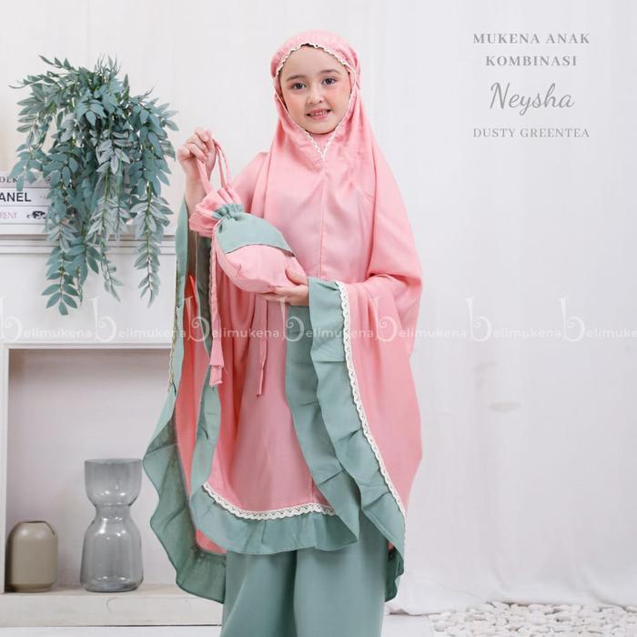 Mukena anak tanggung kombinasi tazbiya twotone salwa bahan mikro muken - k greentea, M