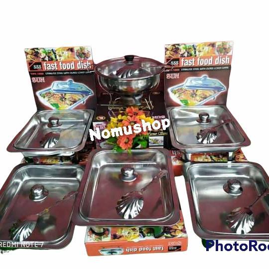 prasmanan set stainless wadah saji prasmanan hajatan food warmer - 5 kotak 1 bulat, tutup full kaca