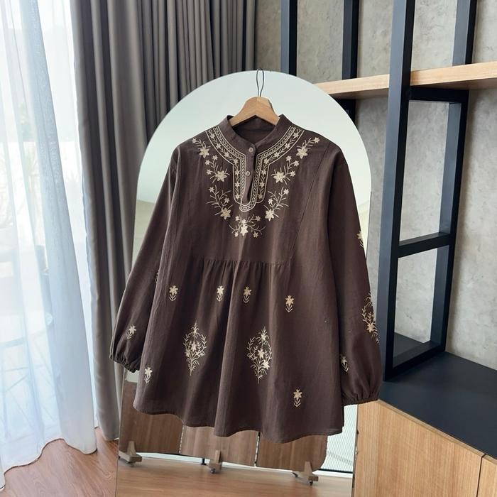 586 | Blouse Kancing Rempel Linen Bordir atasan wanita cantik - Putih