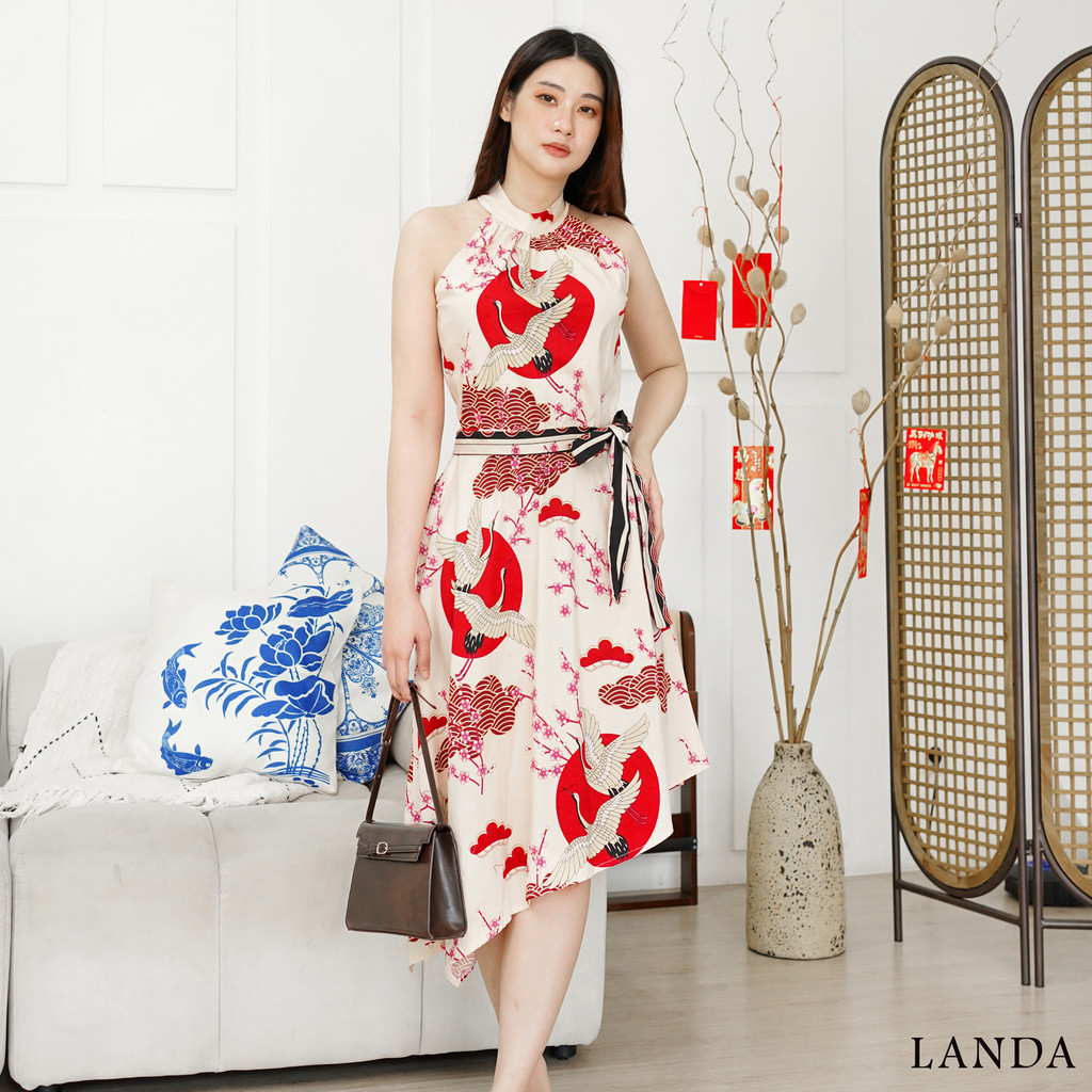 Evercloth Landa Dress Batik Choker Halter Neck Gaun Batik Couple Modern Family Set Sarimbit Terusan 