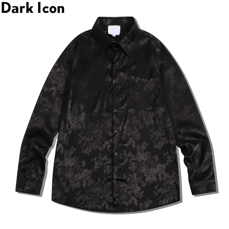GADINGKU_  Dark Icon Kemeja Eternal Hitam Bunga Pria Oversized Satin Kemeja Pria Lengan Panjang Shir
