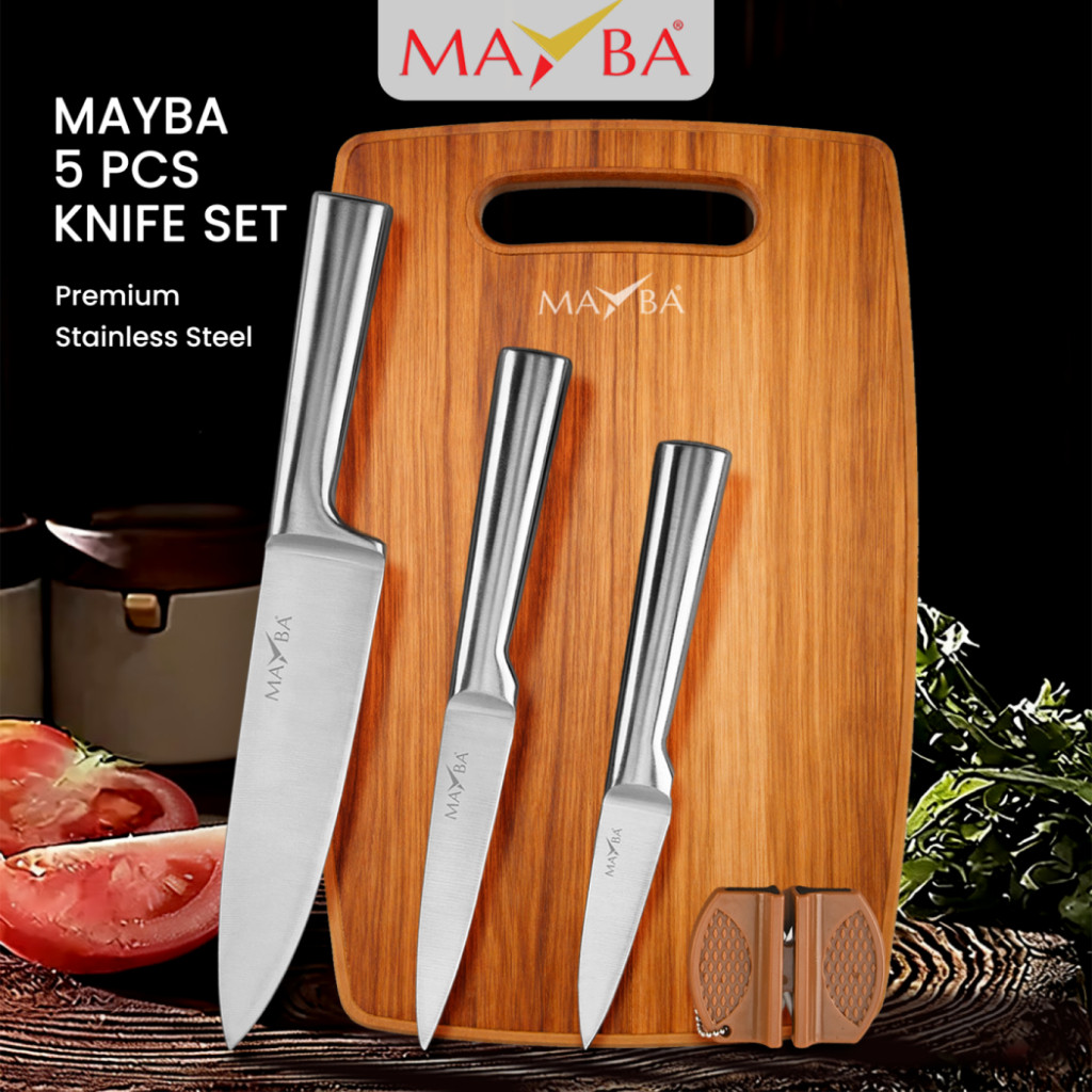 PISAU SET 5PCS MAYBA FULL STAINLESS STEEL anti korosi knive set tajam premium knife chopping board