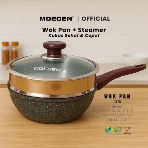 MOEGEN Wok Pan 24 cm Granite Plus Steamer / Kukusan Anti Lengket Serbaguna