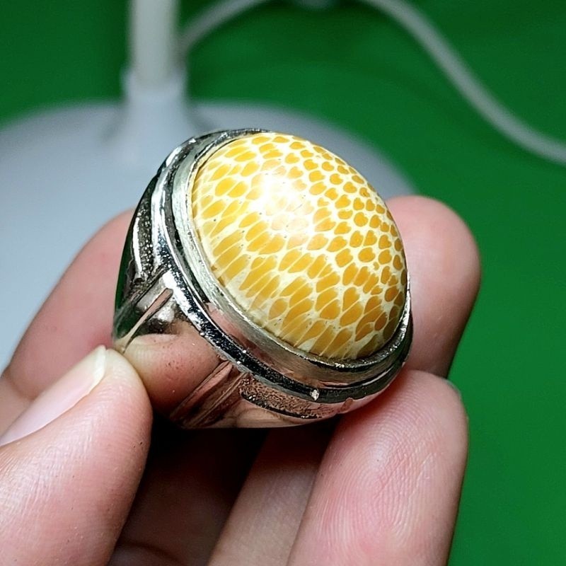 Cincin Batu Akik Kayu Liwung Putih Vintage Mewah / C13 permata