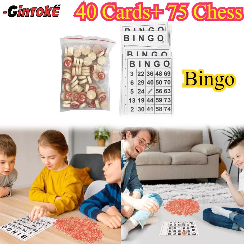 40 Buah Bingo Card Kartu Bingo Ukuran Besar Dengan 75 Buah Catur Kayu/ Catur Kayu Mainan Kartu Bingo