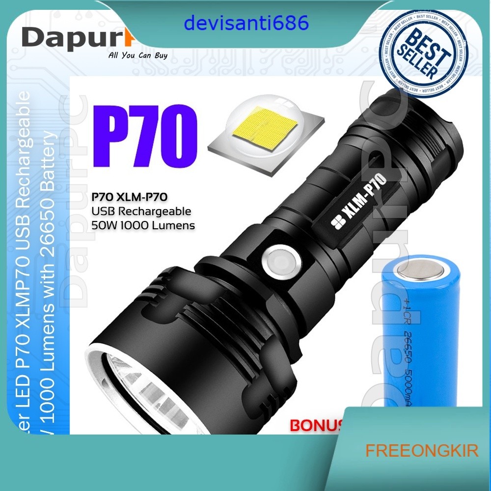 Senter LED P70 XLM-P70 USB Rechargeable 50W 1000 Lumens