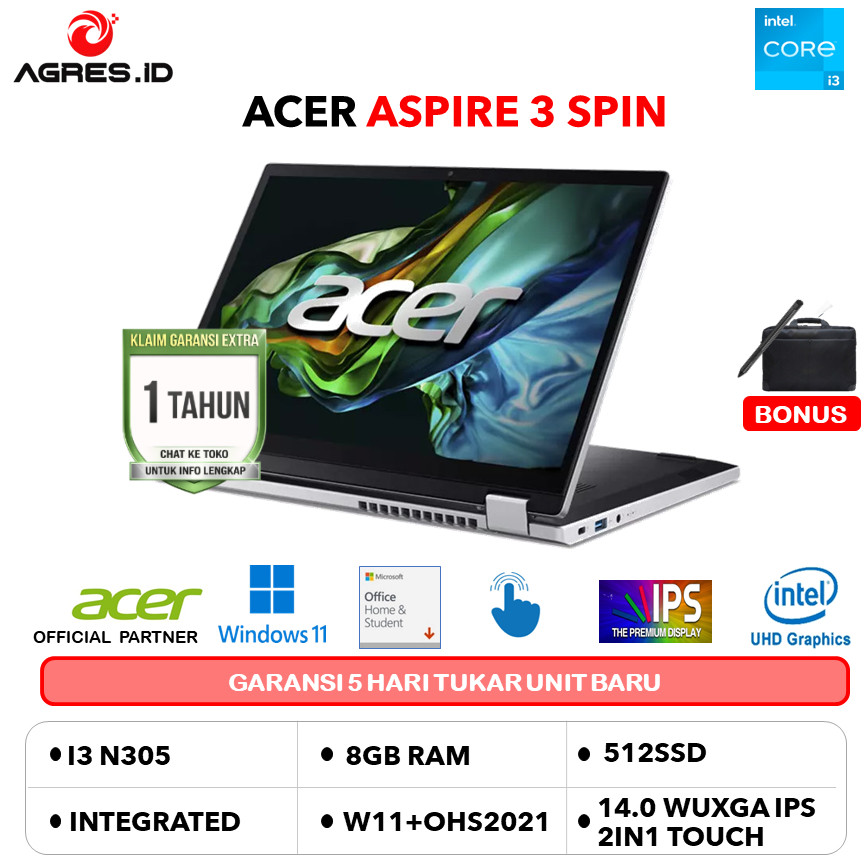 ACER ASPIRE GO SPIN AGSP14 TOUCH CORE 3 N355 8GB 512GB W11+OHS 14.0WUXGA PEN 2IN1 SLV -31PT-386W