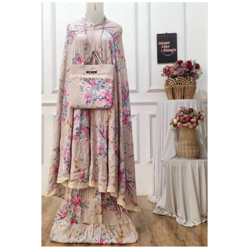 01 Mukena Dewasa Bali Adem Motif Bunga Sakura  Renda  Murah // Mukenah Dewasa Bunga Sakura Bahan KAT