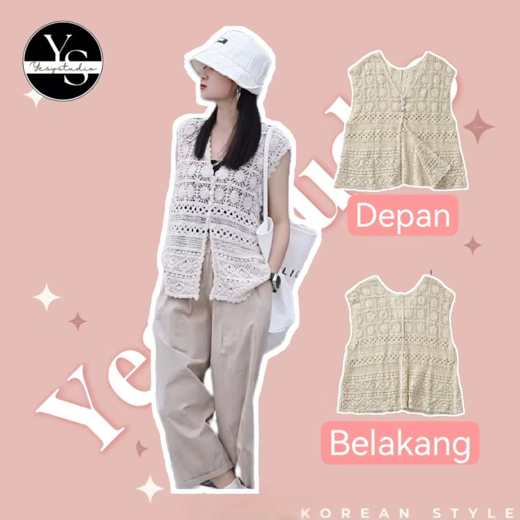 YONA.ID Bigsize Vest Rajut Retro V-Neck Wanita Bunga-Bunga