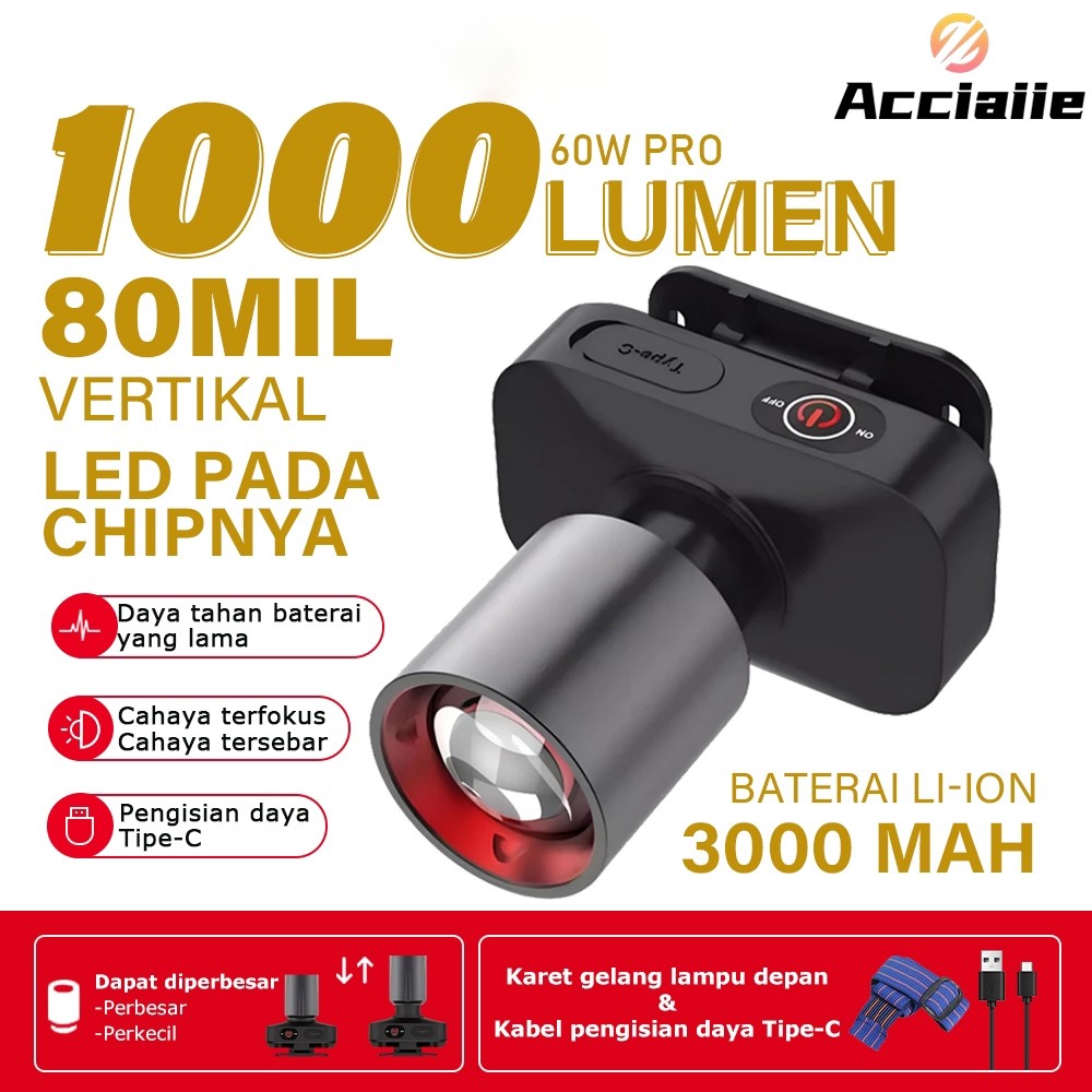 Acciaiie Senter Kepala Super Terang Anti Air Senter Kepala Zoom 1000 Lumen