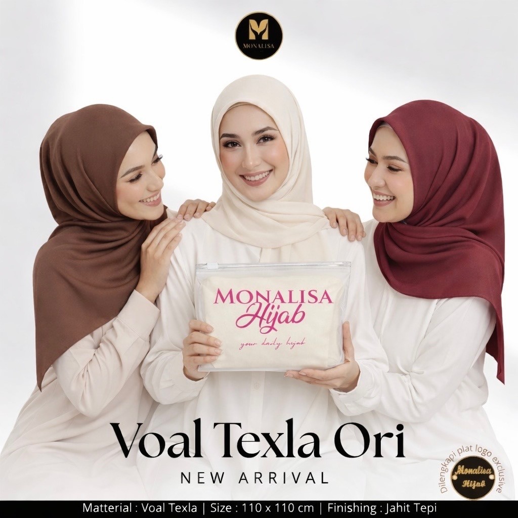 Hijab Segiempat Voal Exclusive Texla Ori Monalisa Logo Bulat Polos | Kerudung Segiempat Voal Texla T