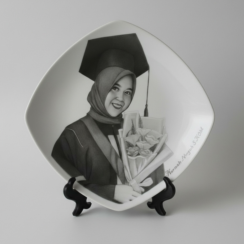 KADO WISUDA GRADUATION, FREE DESAIN KARIKATUR, PIRING LUKIS WAJAH, KADO HADIAH SOUVENIR MURAH