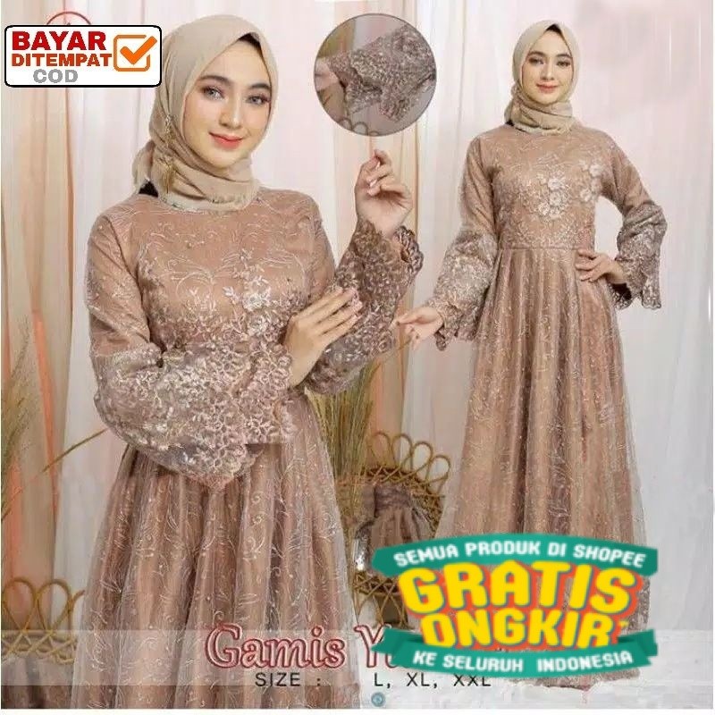 Size L XL XXL / Gamis Pesta / Gamis Jumbo / Maxi Dress / Gamis Tile / Gamis Maxi Brokat Yumna/ pakai