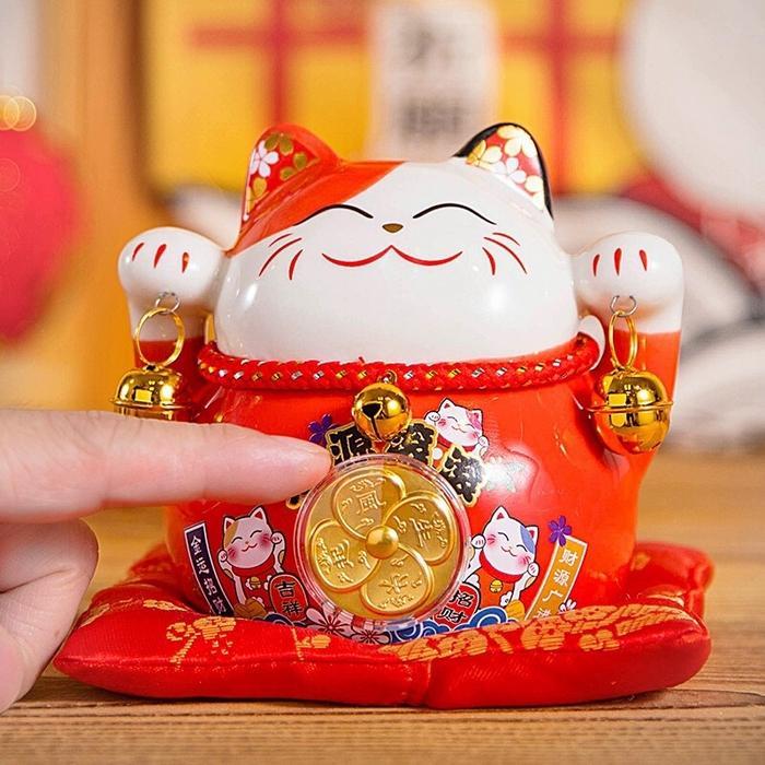 Patung pajangan maneki neko keramik kucing hoki - Hitam