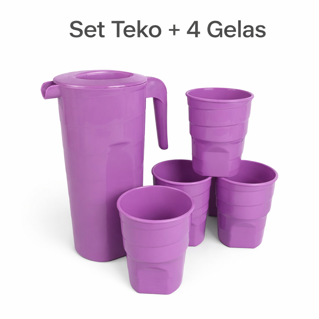 TEKO SET Plastik Termurah Isi (4 Gelas 250ml + 1 Teko Kulkas Ulir 1,3 LITER) Teko Set gelas Estetik