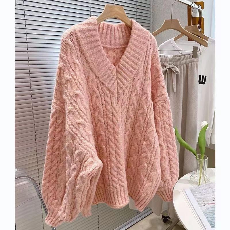 [Saror]V Sweater Rajut Kerah Tebal untuk Wanita, Model Longgar, Atasan Rajut Luar