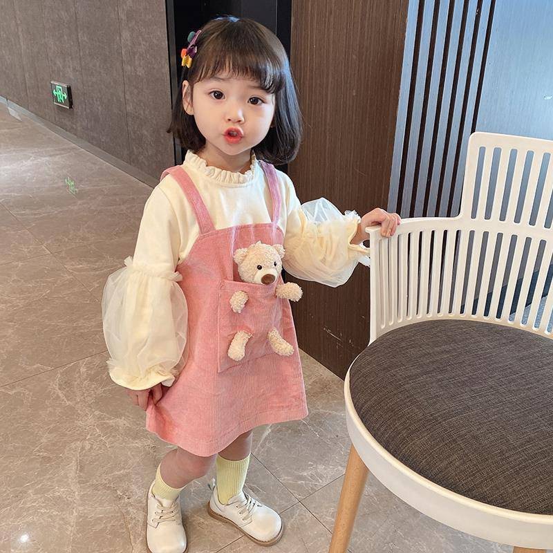 Mentari Kecil Set pakaian terusan motif boneka beruang kartun gaya Korea