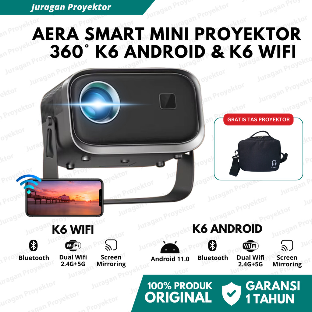 Aera Smart Proyektor K6 Android & K6 Wifi Proyektor Mini Portable Full HD 1080P Mirroring Hp Rotasi 