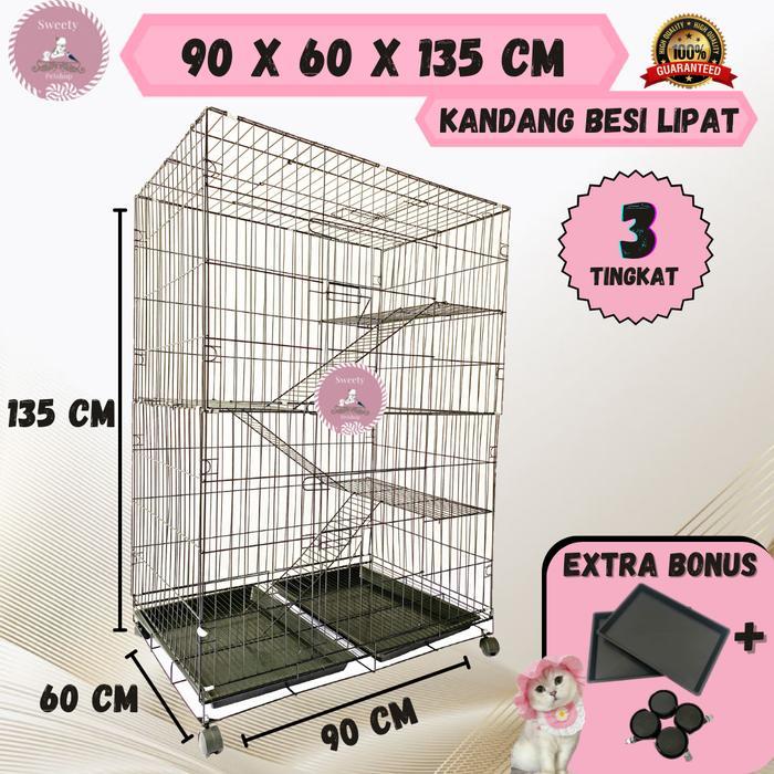 NEW PRODUK KANDANG KUCING 90X60 CM BESI LIPAT - 3 Tingkat, Merah TERLARIS