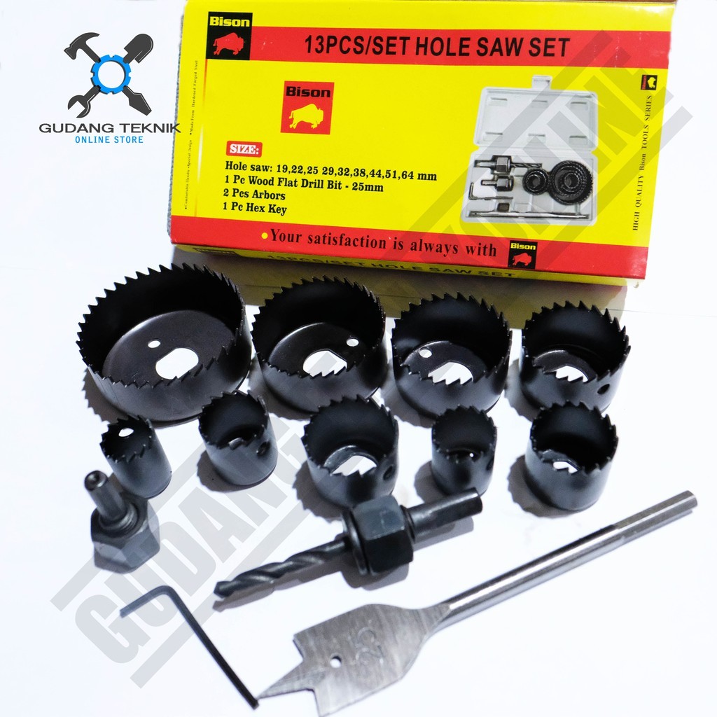 BISON Holesaw Kit 1 SET 13Pcs Hole Saw Set Kit Bison / Mata Bor Pelubang Kayu 13 Pcs Bison