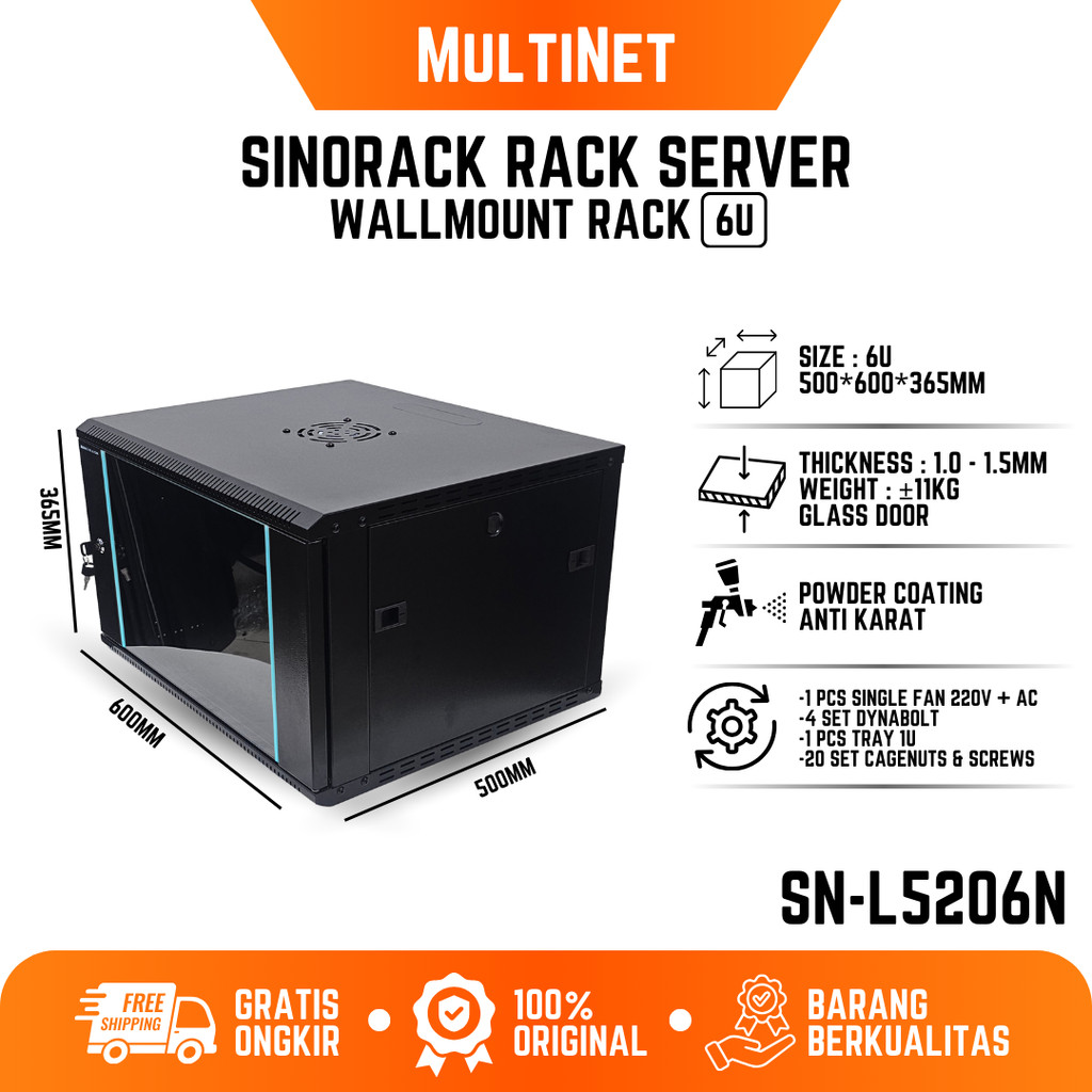 RACK SERVER 6U WALL MOUNT SINGLE FAN Single Glass Door Premium Series Rak Server Kabinet Internet Ja
