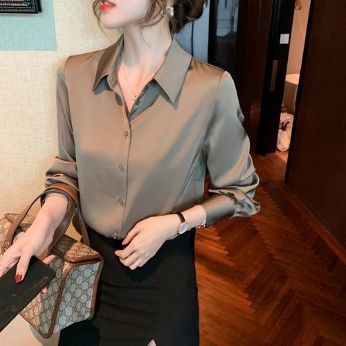 Kemeja satin asetat wanita berkualitas tinggi Kemeja sutra lengan panjang vintage