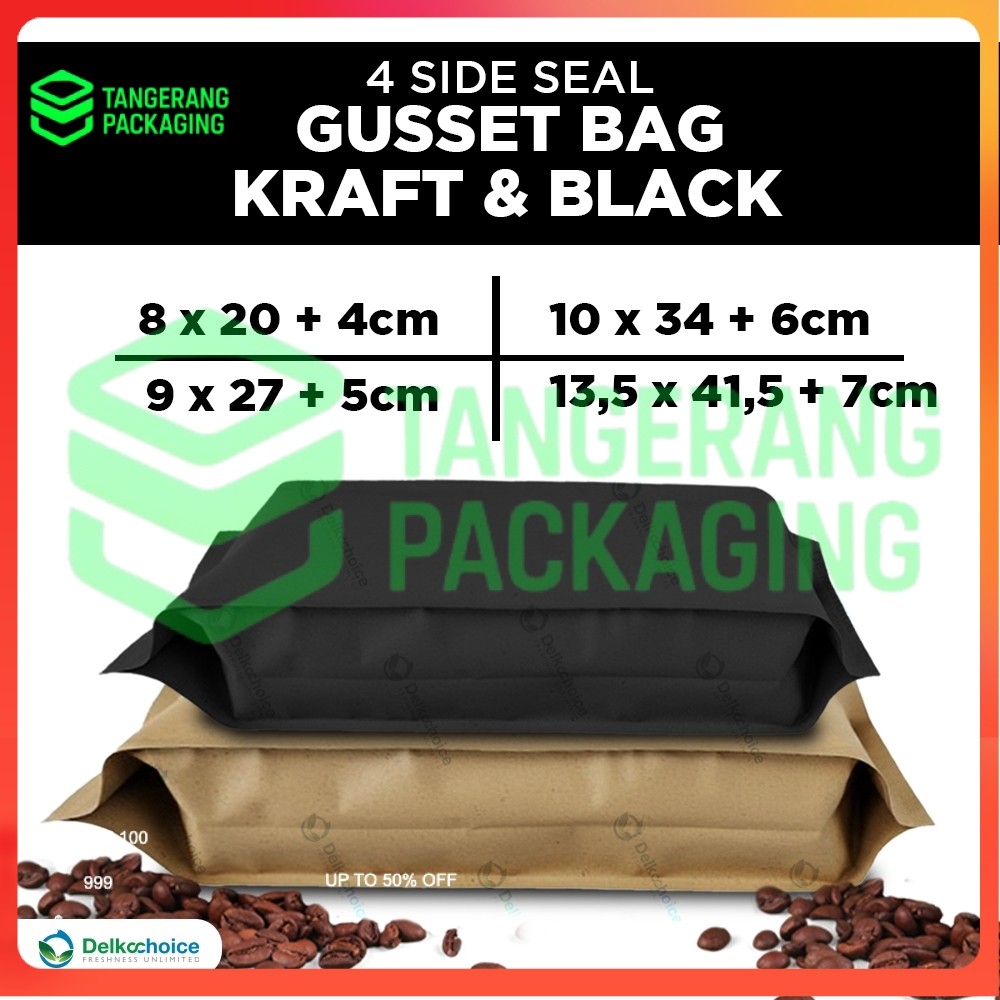 Black Kraft Metalizing Gusset Bag 4 side seal / Kemasan Gusset Metalizing Hitam Bungkus Bubuk Kopi K