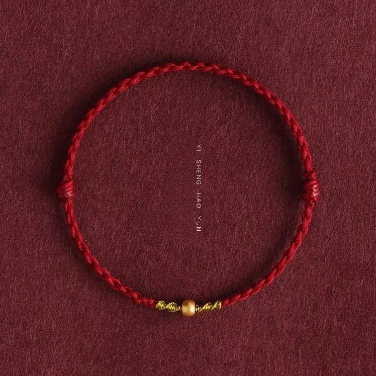 Gelang kaki tali merah emas kuno kacang emas pria dan wanita semoga sukses menenun tali tangan