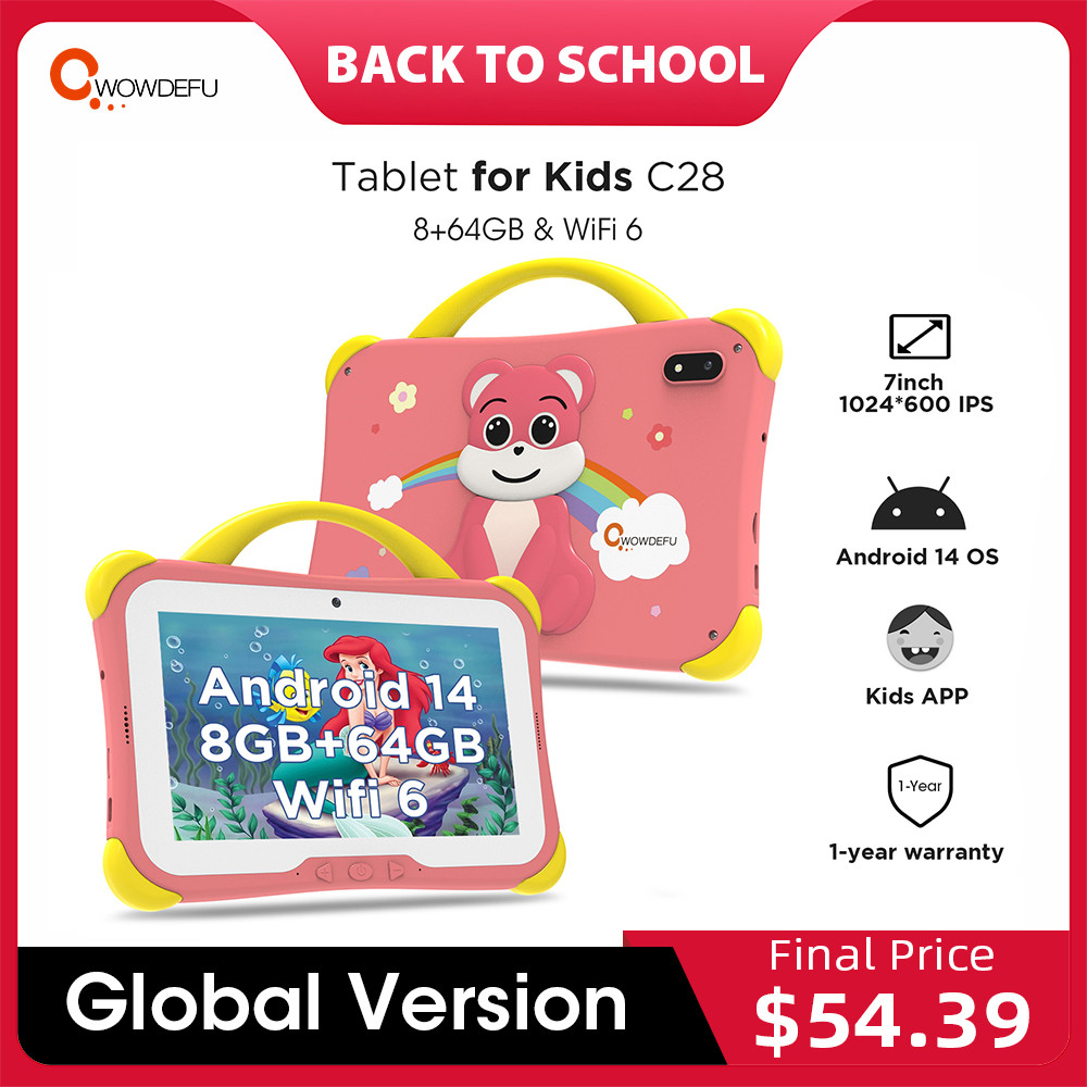 CWOWDEFU 7" Kids Tablet Android 14 8GB 64GB Octa Core WiFi6 Google Play ildren Tablets for Girl Educ