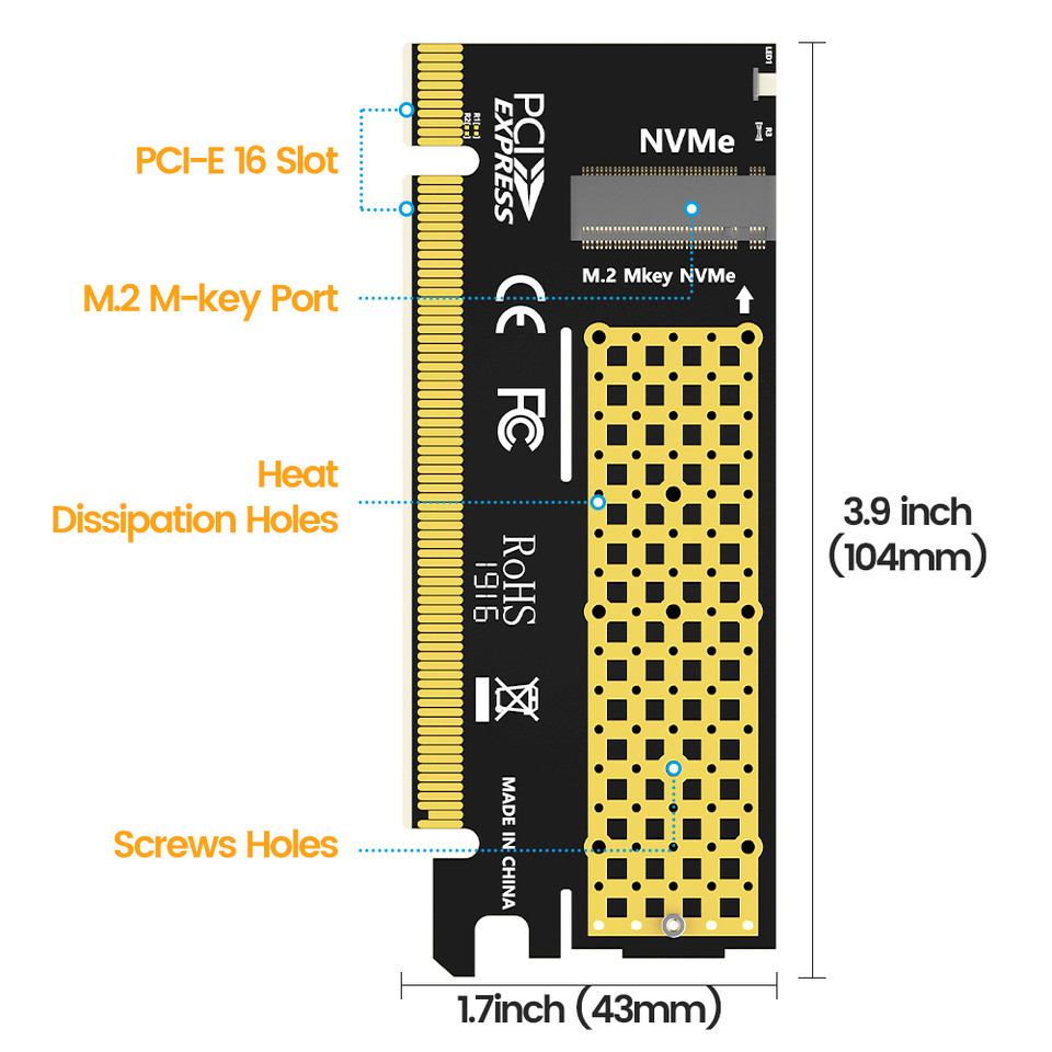 M2 NVME to PCIe 40 x16 Adapter, M2 NVMe SSD to PCIe 40 Expansion Card, Supports 2280604230 Solid Sta