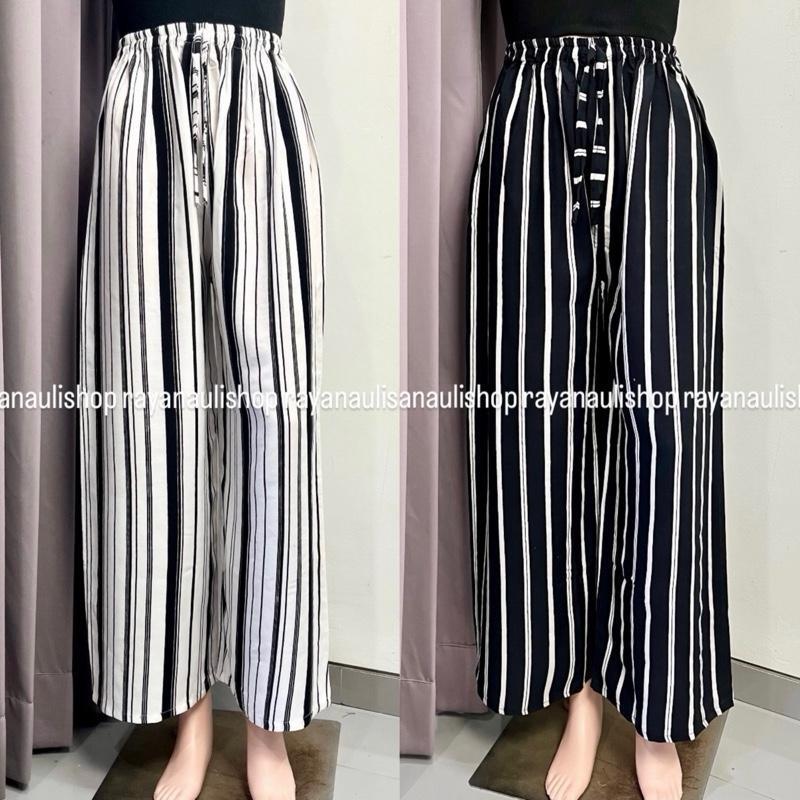 BUPESHOP Celana Kulot Wanita Motif Salur Stripe Pants Kain Rayon Bali All Size & Jumbo