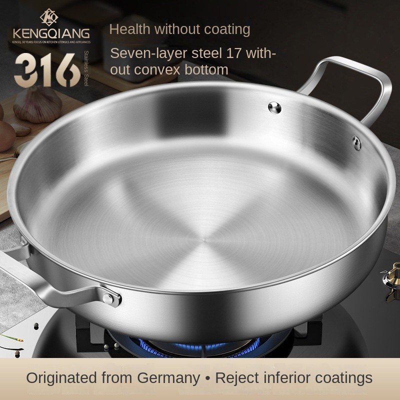 316 Stainless Steel Frying Pan, Double Ear Flat Bottomed Non Stick Pan, Commercial Stew Pot, Deep St