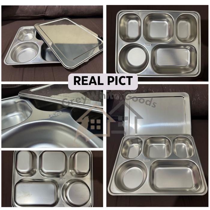 Food Tray 5 Sekat + Tutup Stainless 304 Nampan Makanan Ompreng 5 Sekat Kotak Makan Stainless Kitchen