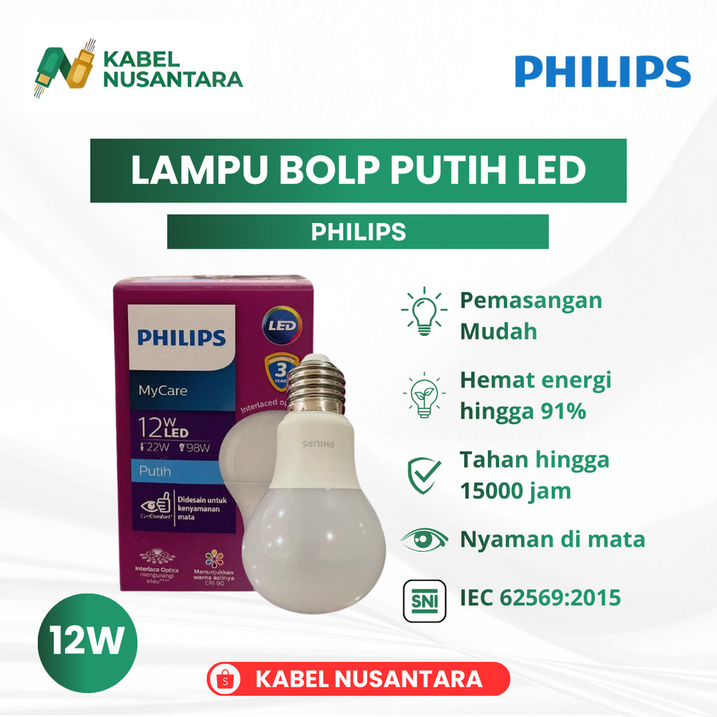 Lampu LED PHILIPS 12W Putih - Lampu LED Terang Hemat Listrik SNI