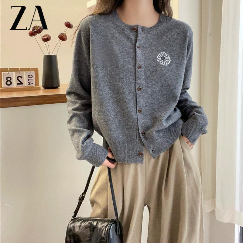 Bordir Bunga Lengan Panjang Rajut Kardigan Pendek Sweater Wanita Trendi Jaket_ZA