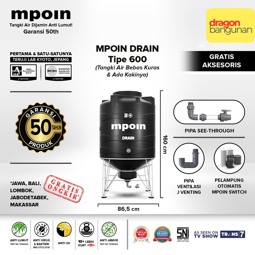 Tangki Air Mpoin Drain 600 Liter Garansi 50 Tahun