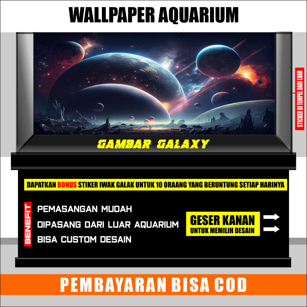 stiker background aquarium 3d timbul jumbo kaca akrilik besar full set aquaspace chana galaxy hitam