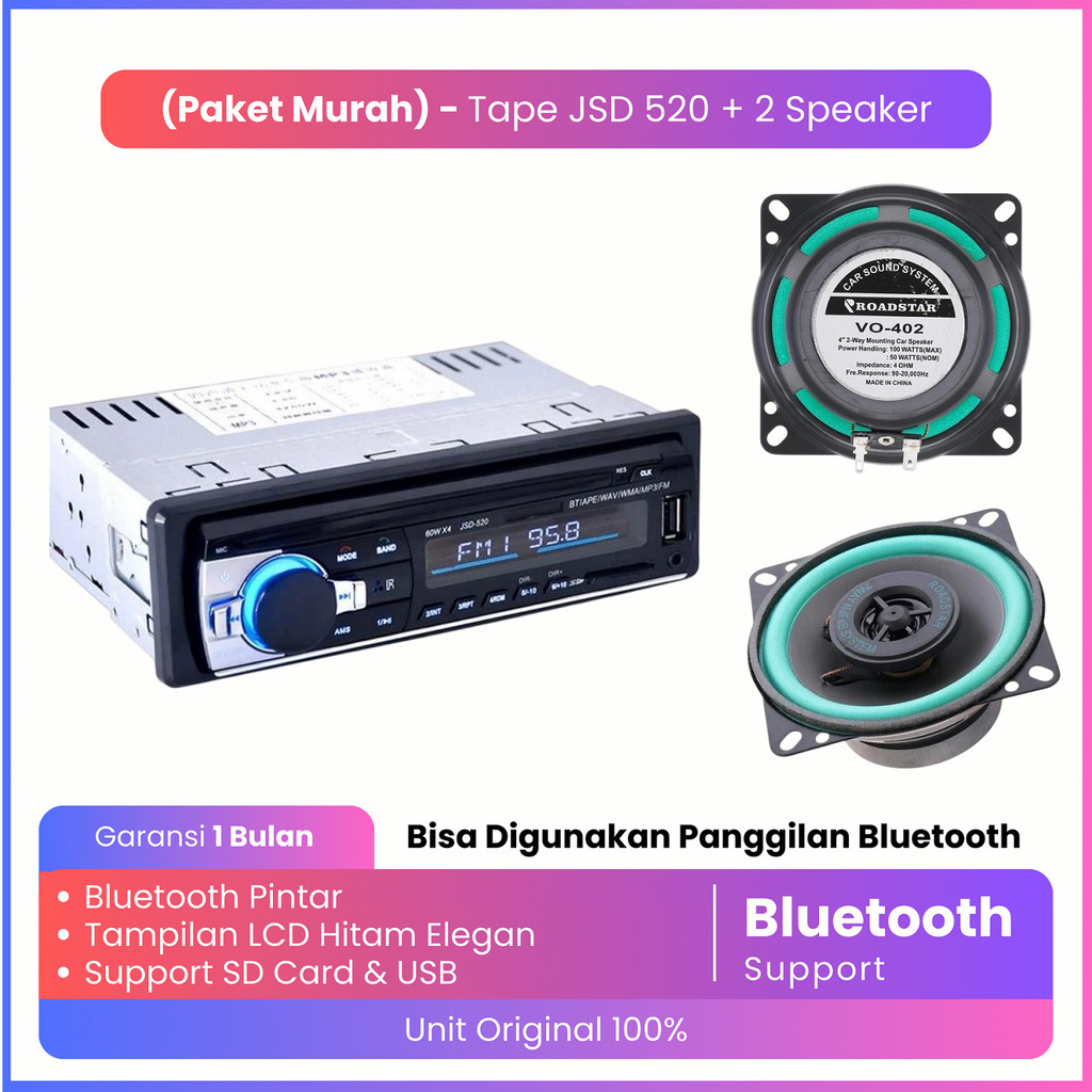 Paket Tape Mobil Taffware JSD-520 dengan Speaker Roadstar 4inch Two Way 2pcs