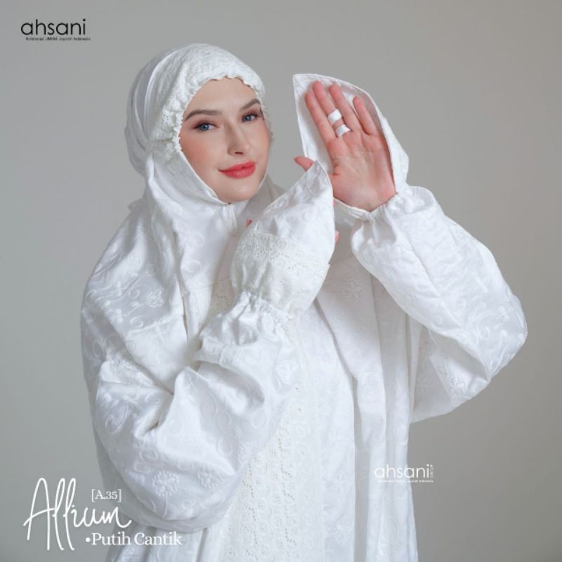 PROMO original Mukena Terusan Ahsani Rocella Allium A35 Putih Sutra Jumbo Bordir 3D Renda Rukuh Tele
