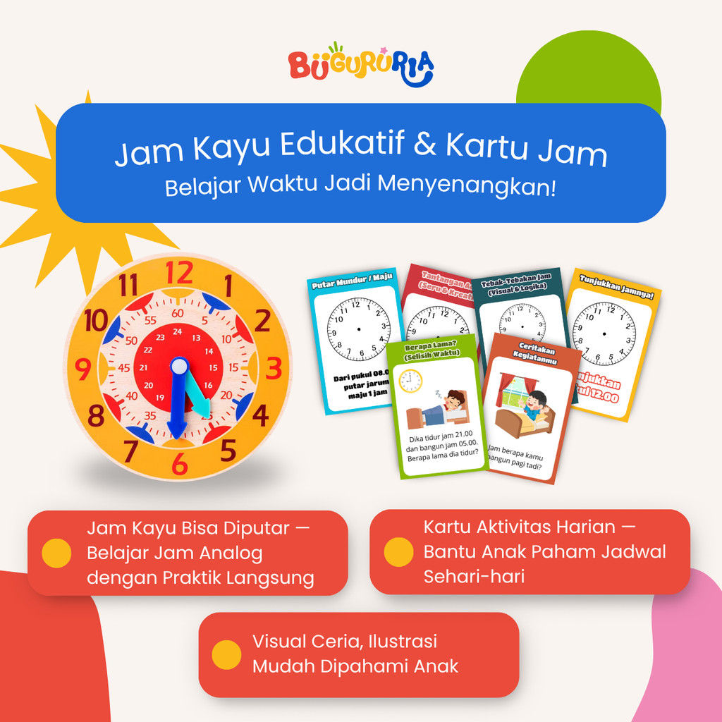 BuGuruRia – Jam Kayu Edukatif & Kartu Aktivitas Waktu | Belajar Jam Analog & Jadwal Harian | Media I