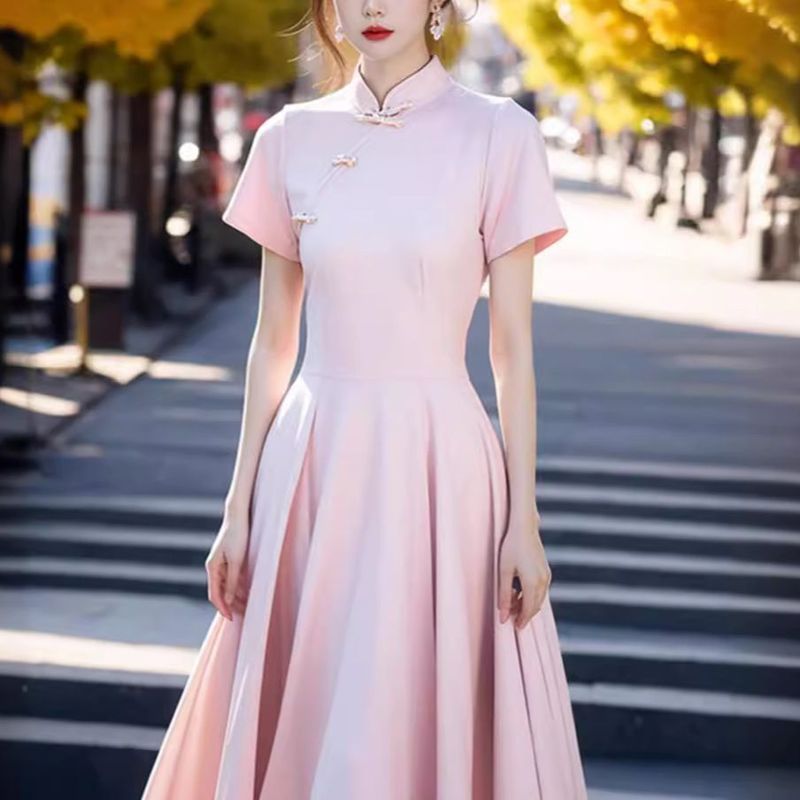 [COD]Pakaian wanita Cina baru, kerah merah muda berdiri, gaun cheongsam, gaun wanita Cina baru