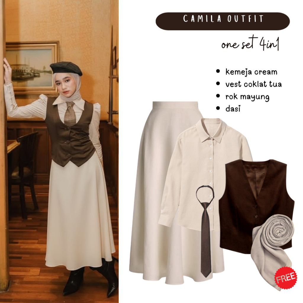 SERESHOP Outfit Yearbook Dark Academia | Kemeja Cream , Vest Coklat Tua , Rok Ivory , Dasi Coklat Tu