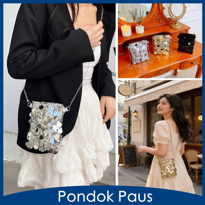 2026 Tas Selempang Mini Wanita Dengan Hiasan Sequins Berkilau, Desain Kotak Kecil Untuk HP, Tali Ran