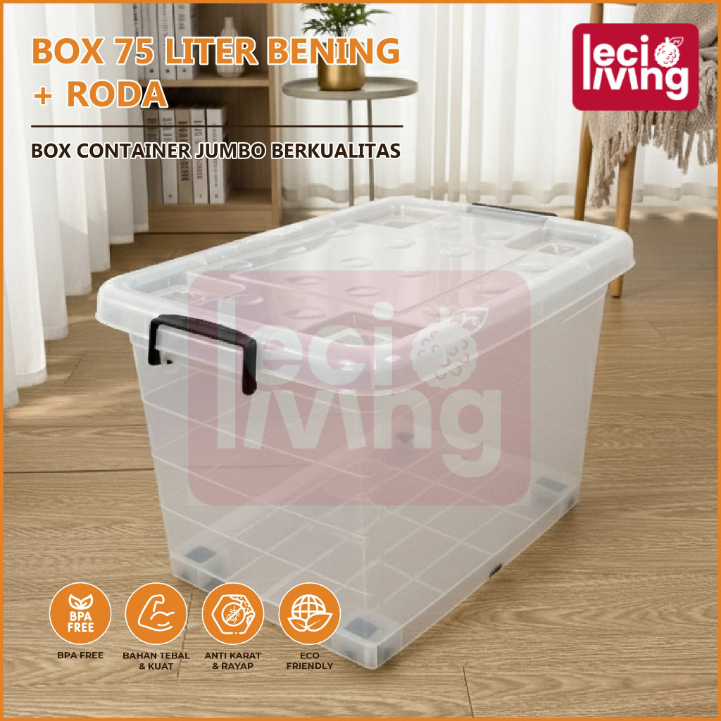 BOX 75 LITER BENING + RODA - Kontainer Box Plastik / Box Container Besar / Bening / Box Serbaguna