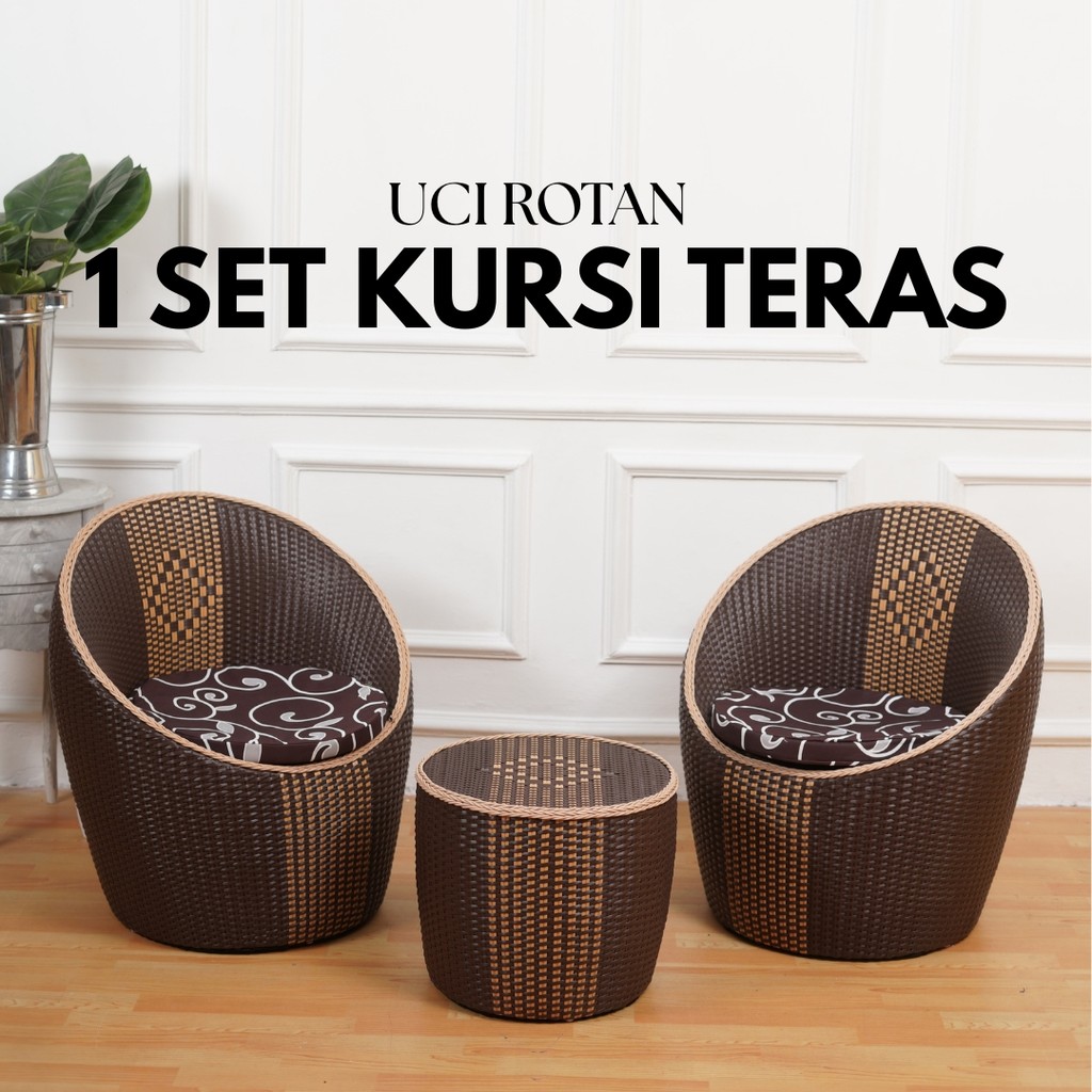 Set Kursi Teras Rotan Sintetis 2 Kursi 1 Meja Minimalis Outdoor Estetik Tahan Cuaca Anyaman Modern