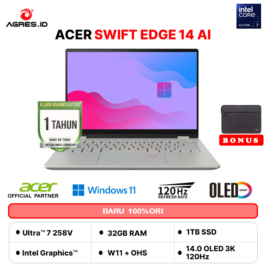ACER SWIFT EDGE 14 AI OLED TOUCH ULTRA 7 258V 32GB 1TB W11+OHS+M365B 14.0 3K 120HZ WHITE 2Y+ADP -51T
