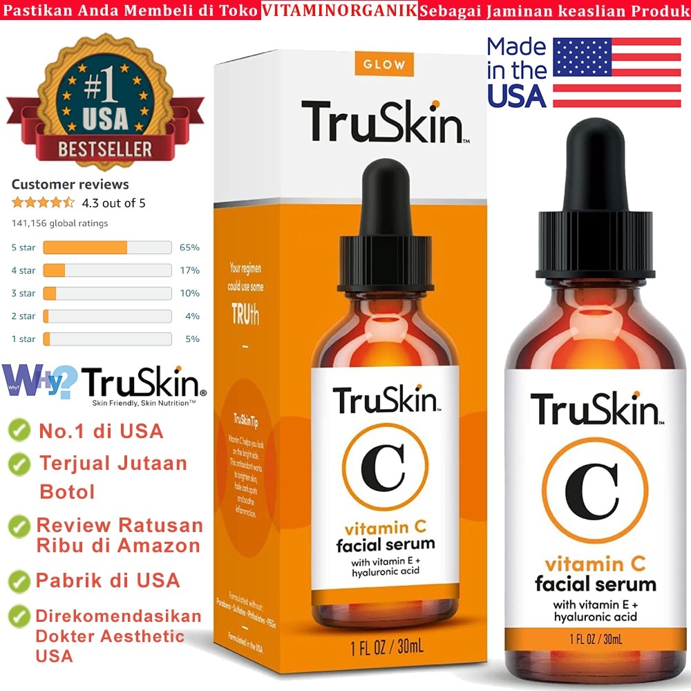 TruSkin Vitamin C Serum + Hyaluronic Acid + Vitamin E Pemutih & Anti Kerutan Wajah / Dark Spots ORIG